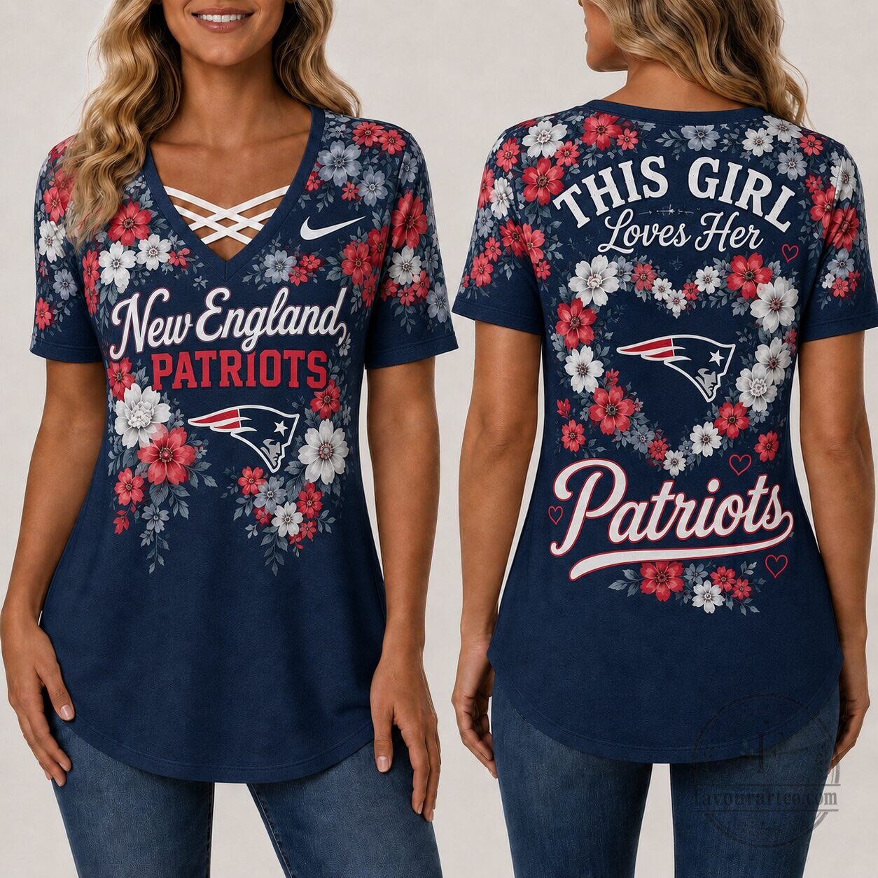 New England Patriots Women's Floral Criss Cross V-Neck T-Shirt