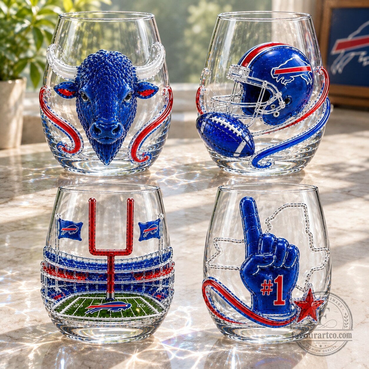 Buffalo Bills Football Team Stemless Wine Glasses Set of Four