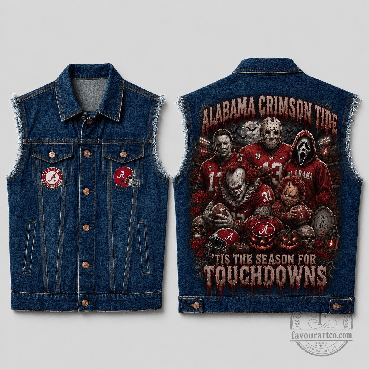Alabama Crimson Tide Halloween Horror Movie Characters Sleeveless Denim Jacket