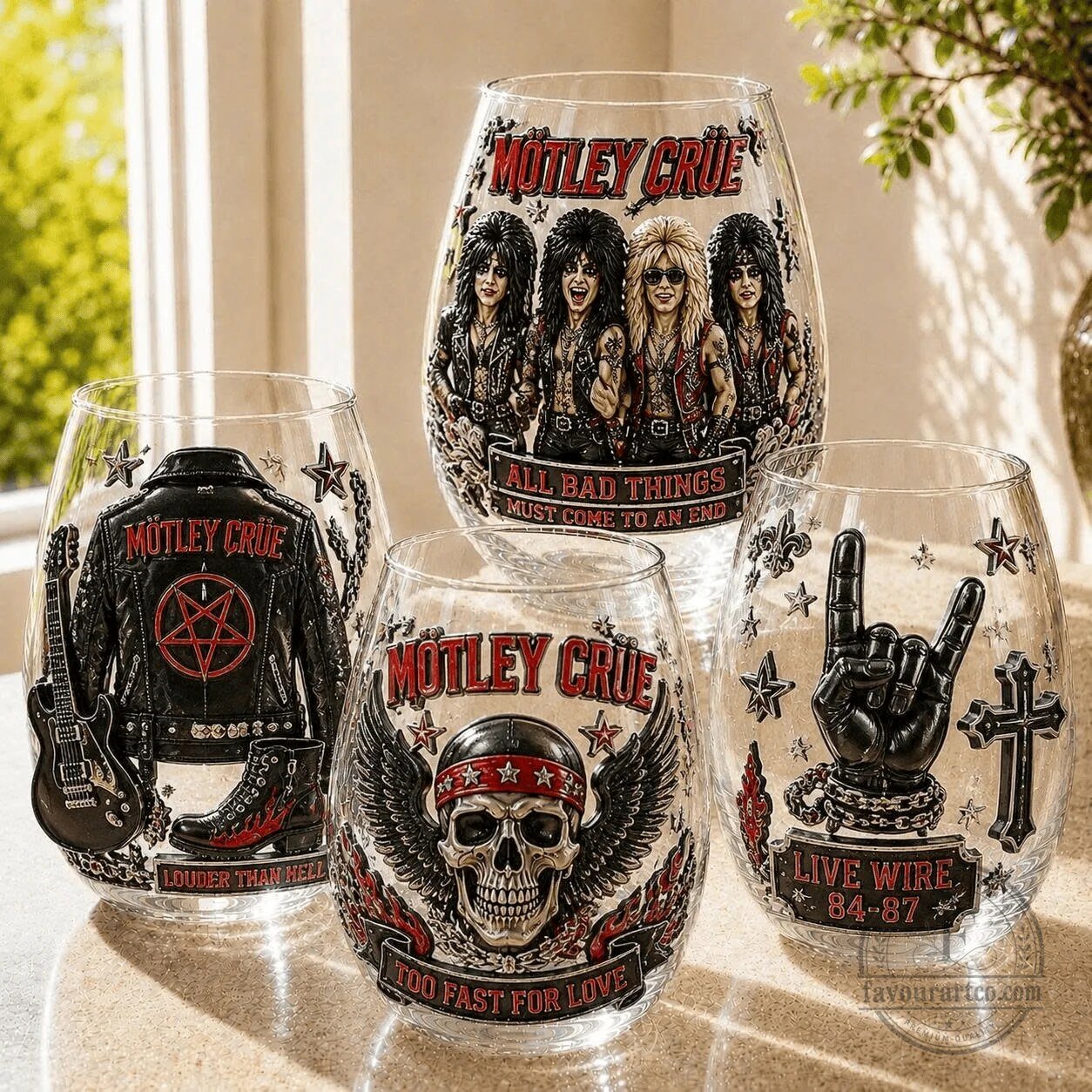 Set of Stemless Wine Glasses Featuring Motley Crue All Bad Things Design
