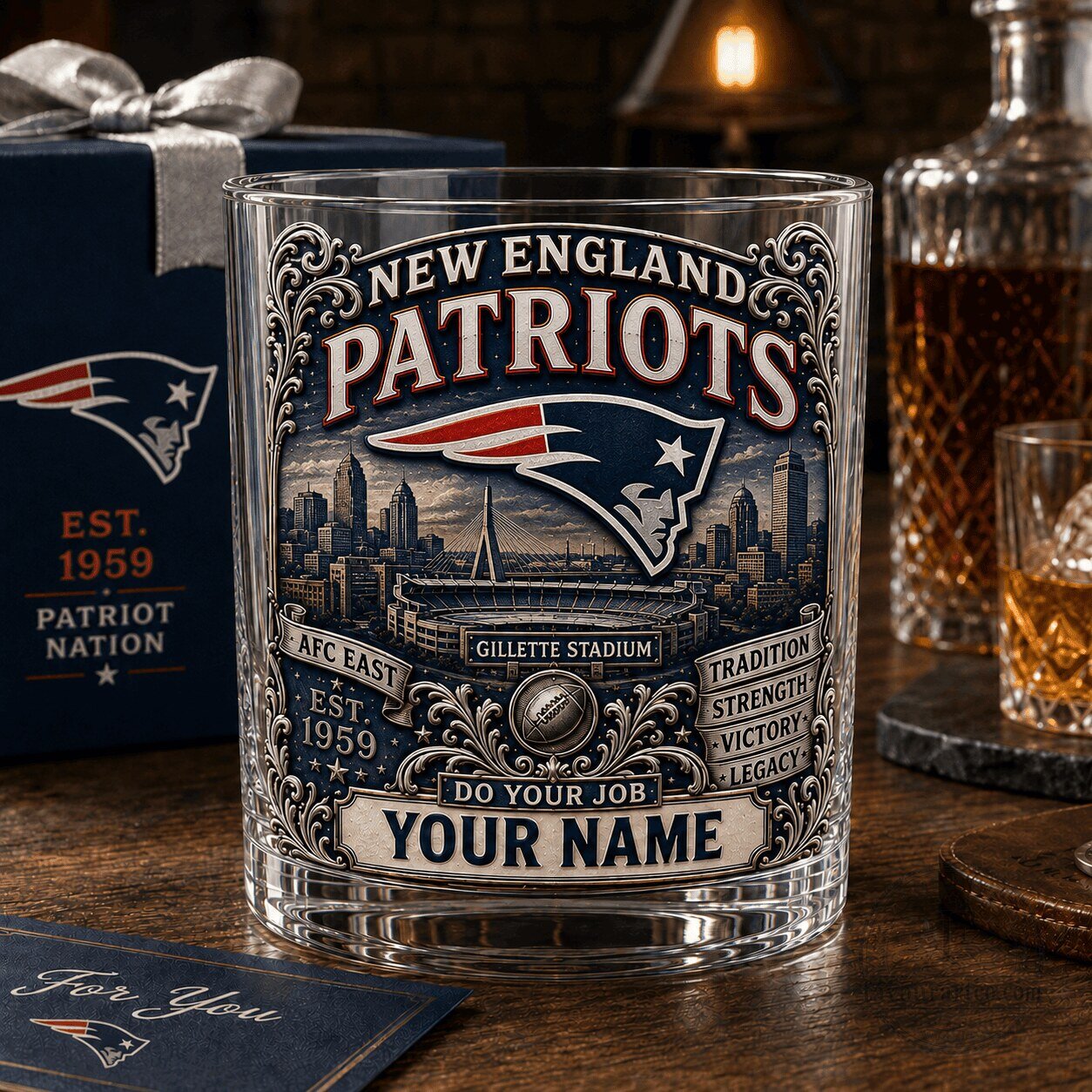 New England Patriots Gillette Stadium Personalized Whiskey Glass