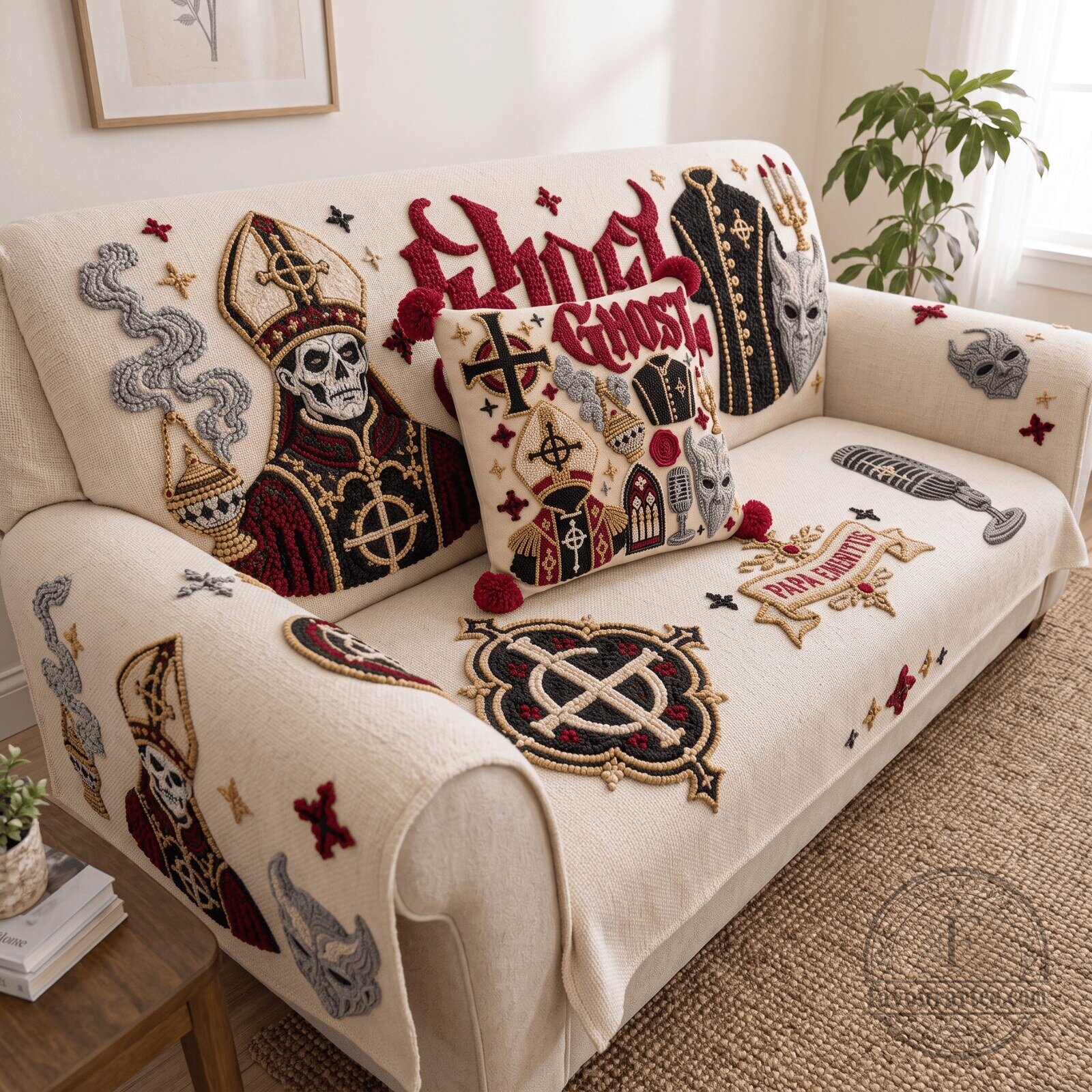 Ghost Band Papa Emeritus Embroidered Sofa Cover and Throw Pillow Set