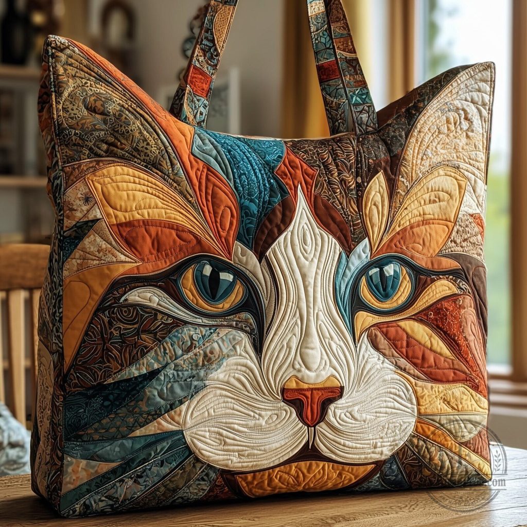 Cat Face Quilted Tote Bag, Colorful Feline Design Shoulder Bag Cat Face Quilted Tote Bag, Colorful Feline Design Shoulder Bag