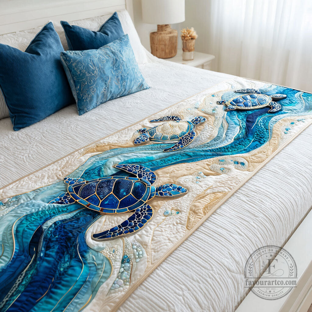 Ocean Sea Turtle Quilted Bed Runner with Blue Waves and Sand Design