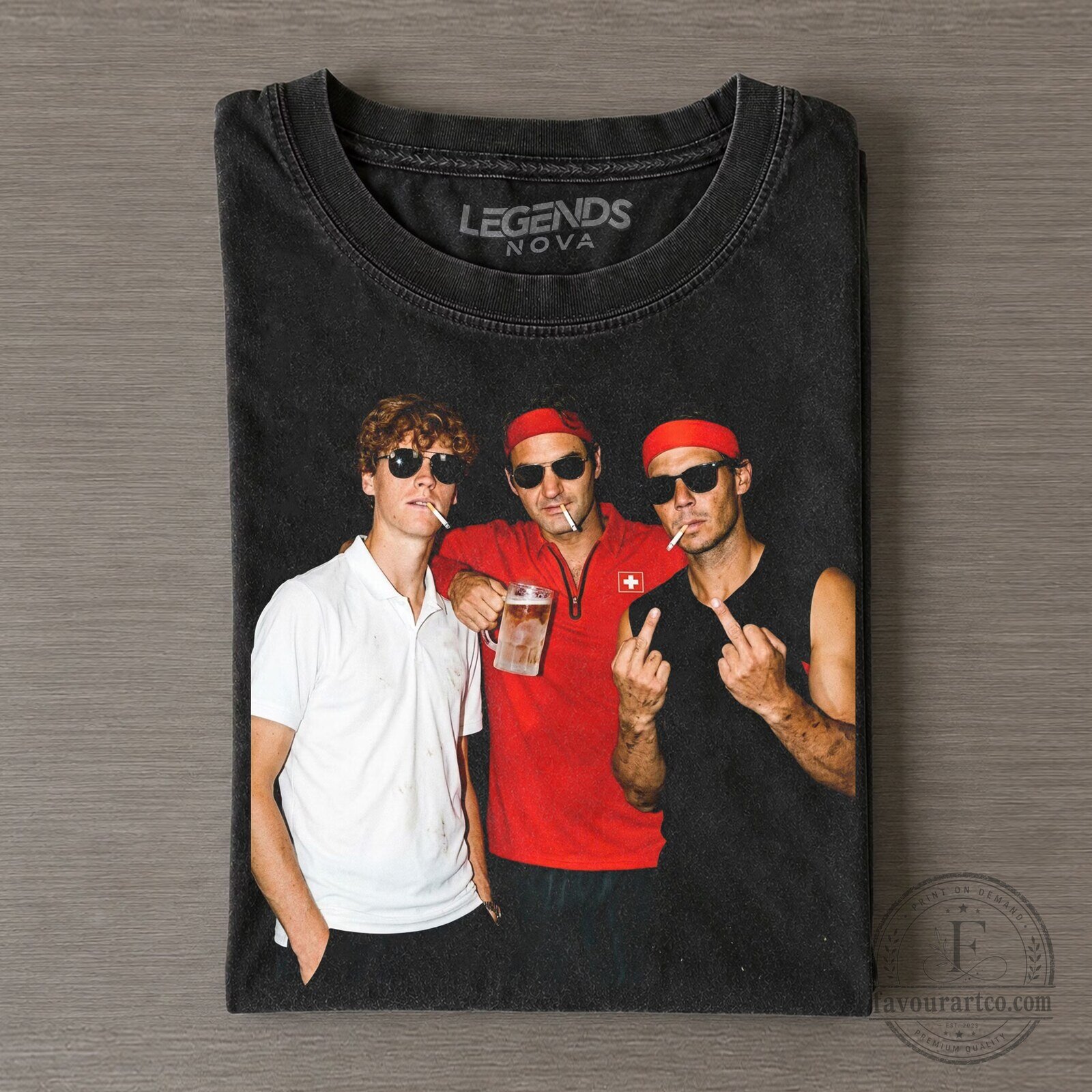 Graphic T-Shirt Featuring Tennis Legends Jannik Sinner, Roger Federer & Rafael Nadal