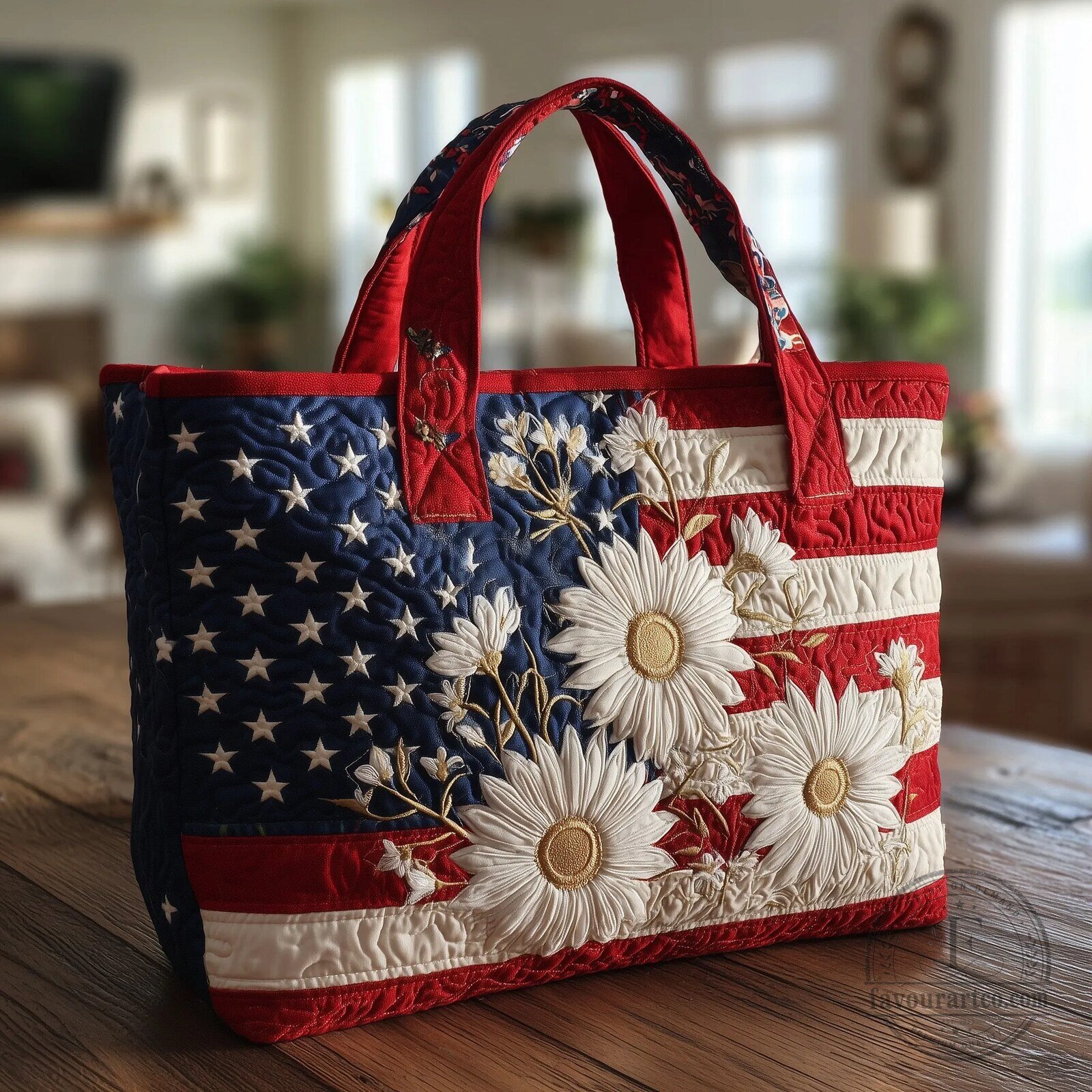 American Flag Daisy Flower Quilted Tote Bag