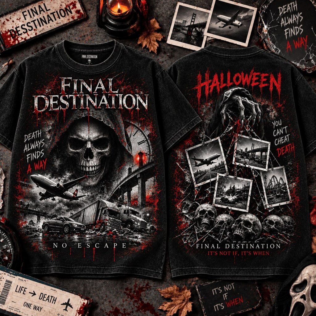 Final Destination Horror Movie Skull and Airplane Crash Scene T-Shirt Final Destination Horror Movie Skull and Airplane Crash Scene T-Shirt