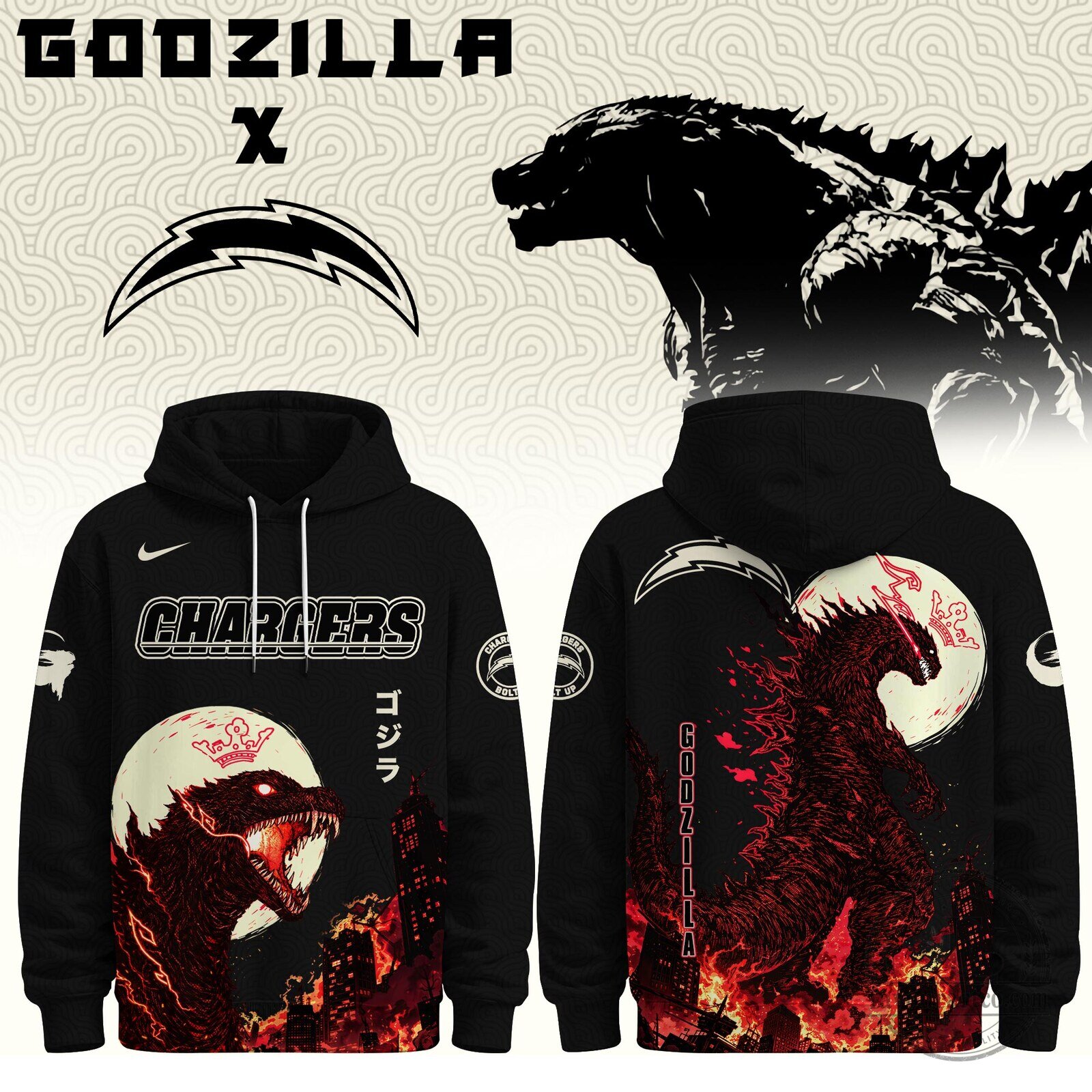 Los Angeles Chargers Godzilla Minus One Movie Crossover Black Hoodie