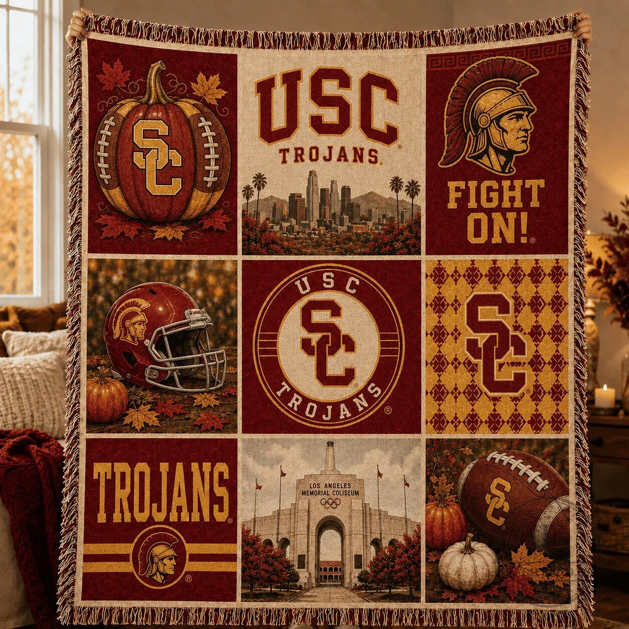 USC Trojans Football Team Autumn Fall Season Woven Blanket