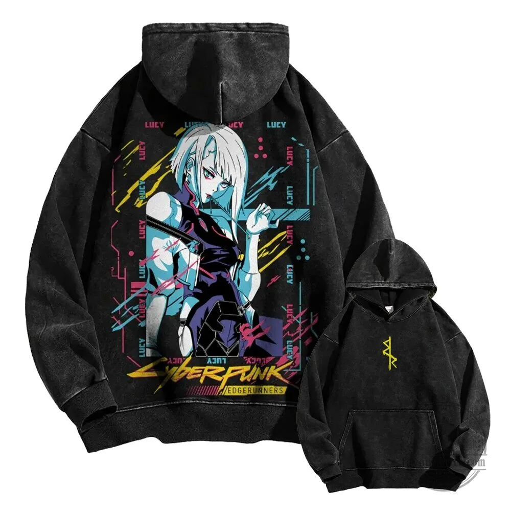 Washed Black Hoodie Featuring Lucy from Cyberpunk Edgerunners Anime