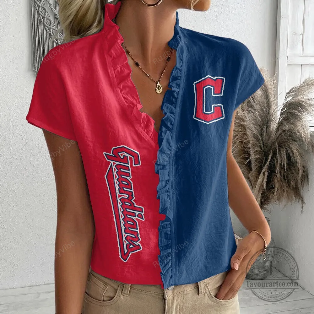 Cleveland Guardians Women's Split Color Ruffle V-Neck T-Shirt