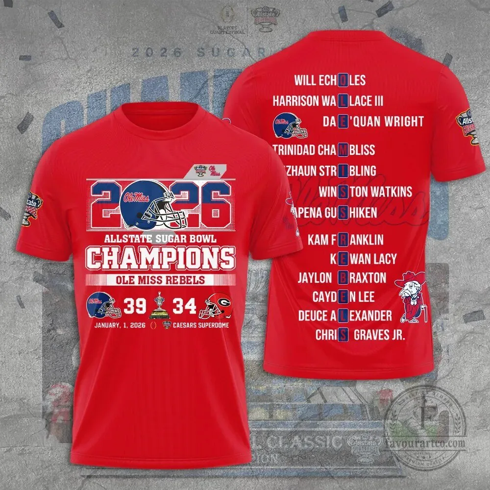Ole Miss Rebels 2026 Sugar Bowl Champions Football Team Roster T-Shirt