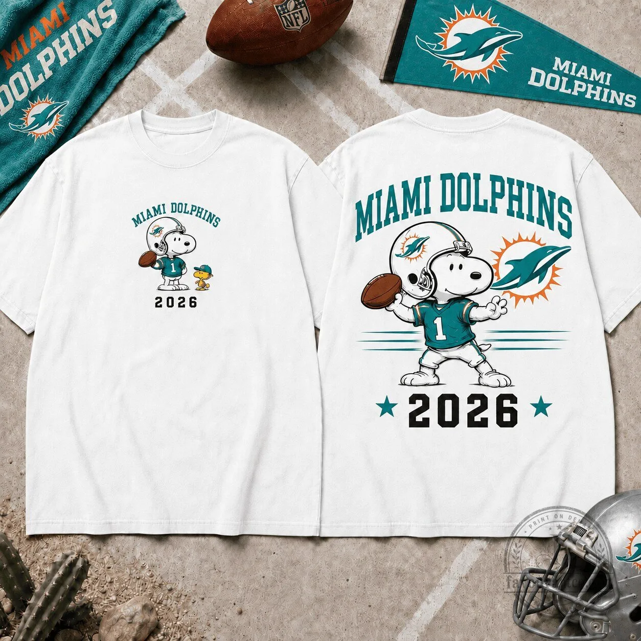 Miami Dolphins Football Snoopy 2026 Graphic T-Shirt for Fans