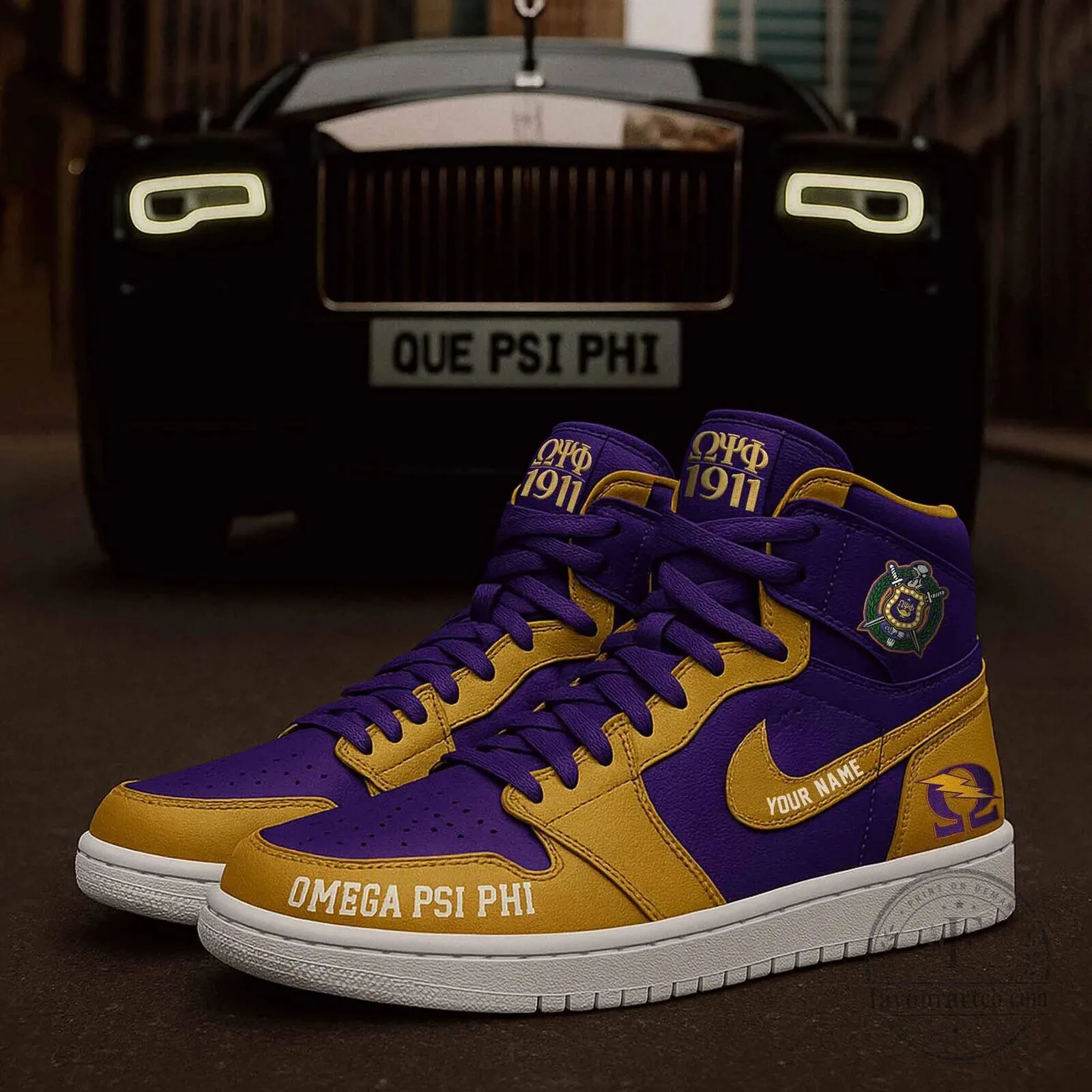 Omega Psi Phi Fraternity High-Top Sneakers Custom Name Purple and Gold Shoes