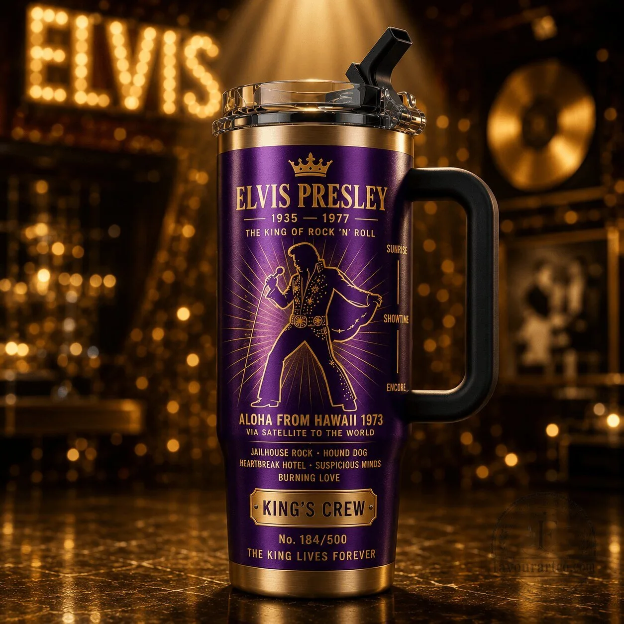 Elvis Presley The King of Rock and Roll Purple and Gold Insulated Tumbler
