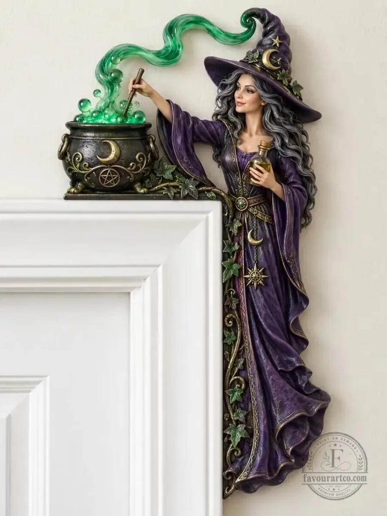 Mystical Witch Brewing Cauldron Door Corner Decor Wall Sculpture Halloween Decoration