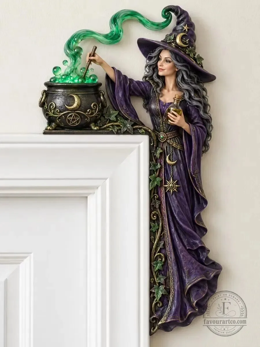 Mystical Witch Brewing Cauldron Door Corner Decor Wall Sculpture Halloween Decoration