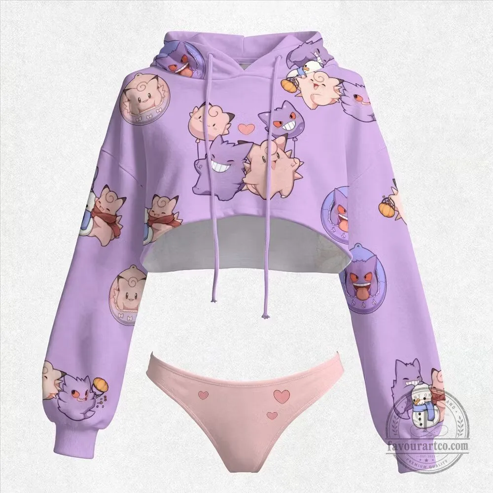 Pokemon Gengar Clefairy Jigglypuff Cropped Hoodie and Panty Set