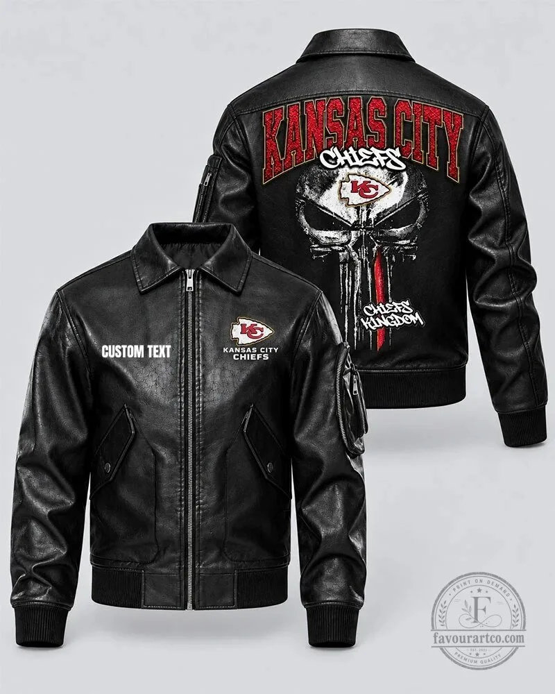 Kansas City Chiefs Skull Custom Text Black Leather Jacket
