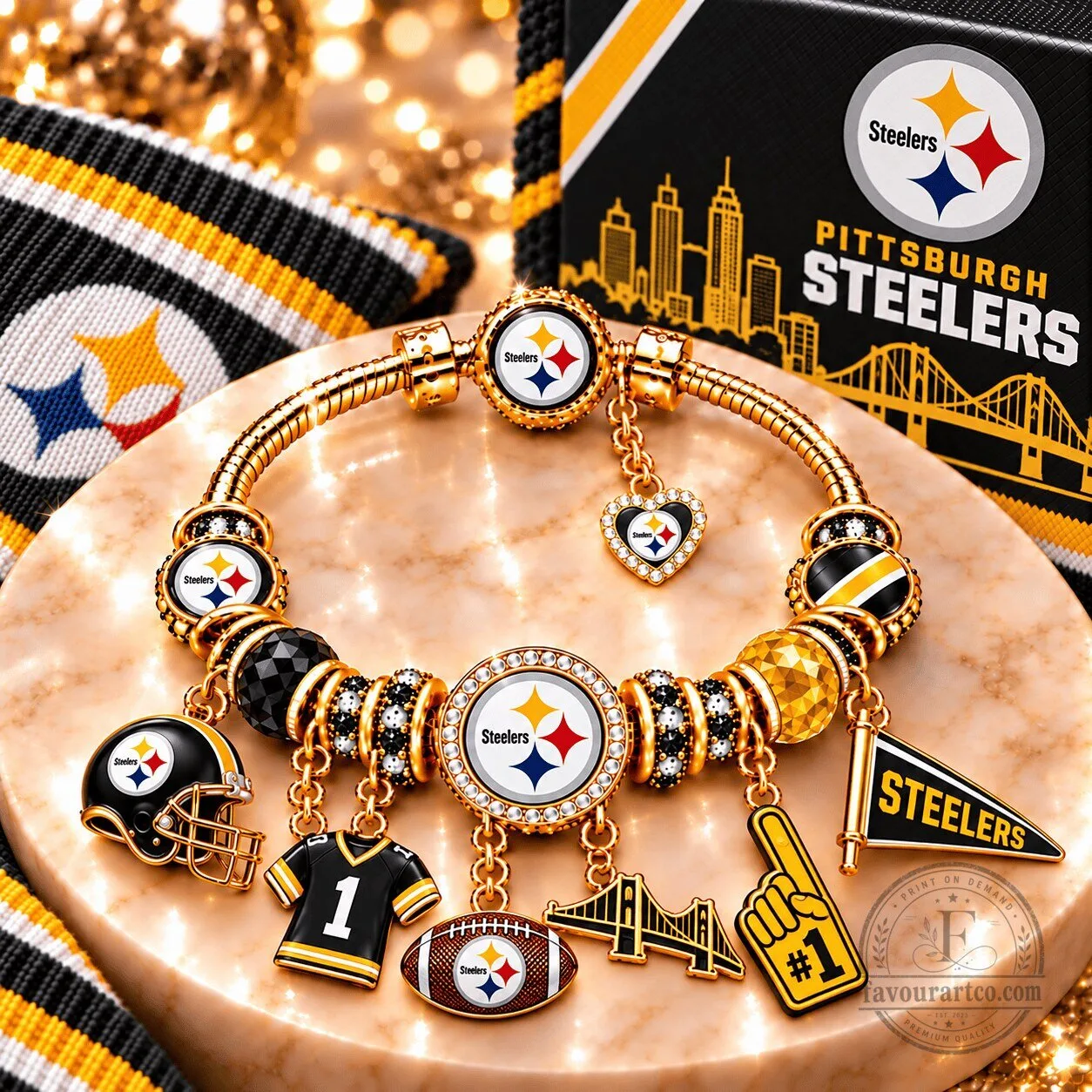 Gold Charm Bracelet Set featuring Pittsburgh Steelers Football Helmet and Jersey Charms