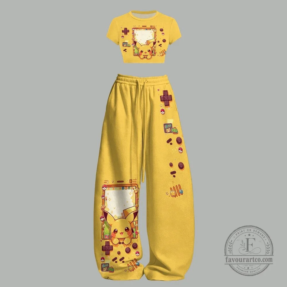 Pikachu Video Game Console Two-Piece Crop Top and Wide Leg Pants Set
