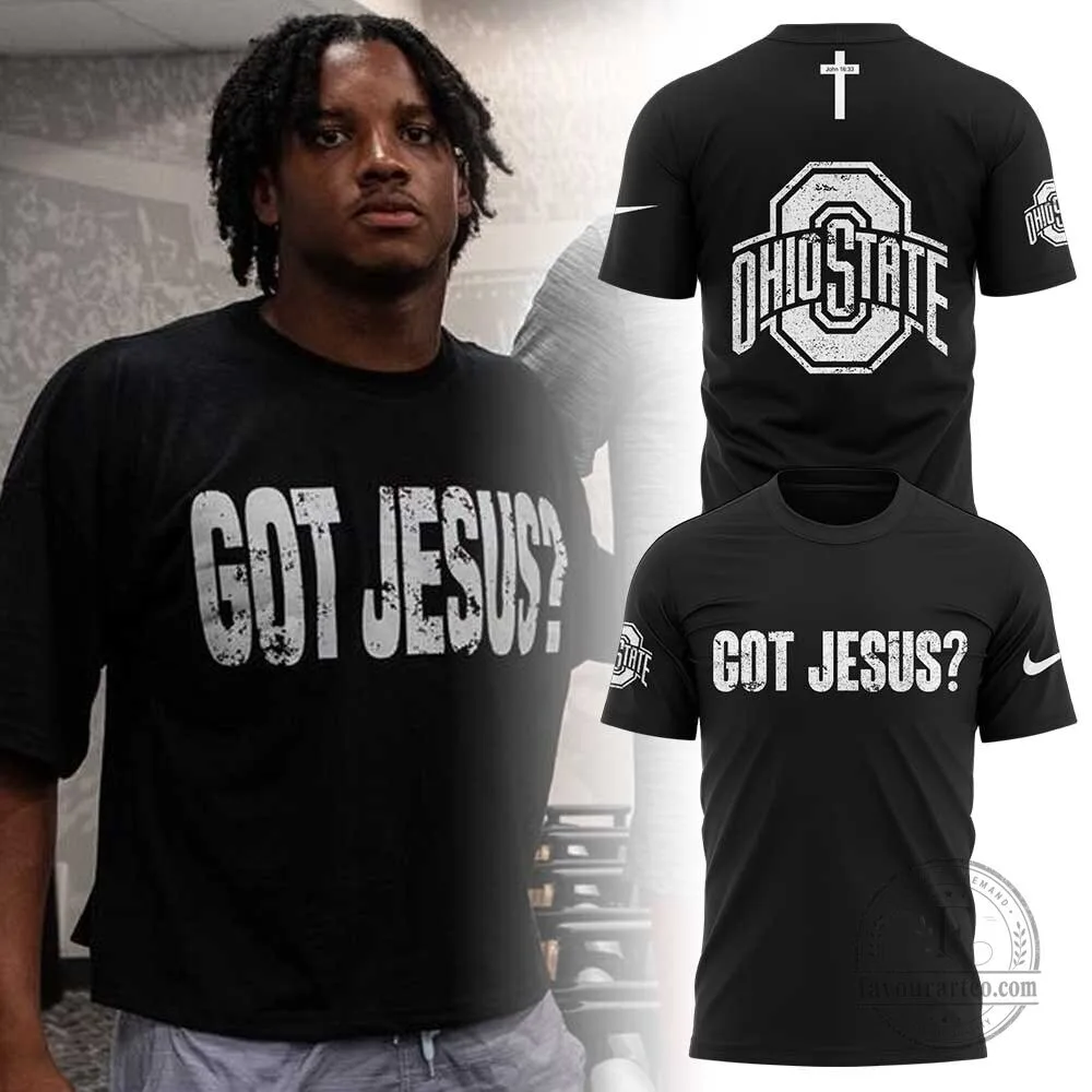 Black Graphic T-Shirt featuring Ohio State Football and Jesus Theme