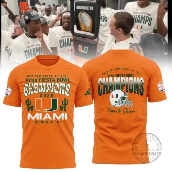 Miami Hurricanes Football 2026 Fiesta Bowl Champions Orange T-Shirt 2 Miami Hurricanes Football 2026 Fiesta Bowl Champions Orange T-Shirt