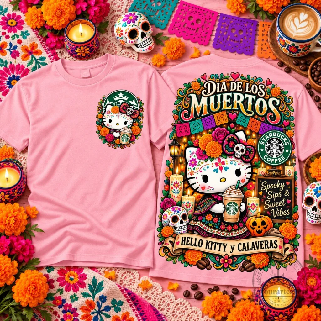 Hello Kitty Starbucks Dia De Los Muertos Sugar Skull Calaveras Pink T-Shirt Hello Kitty Starbucks Dia De Los Muertos Sugar Skull Calaveras Pink T-Shirt