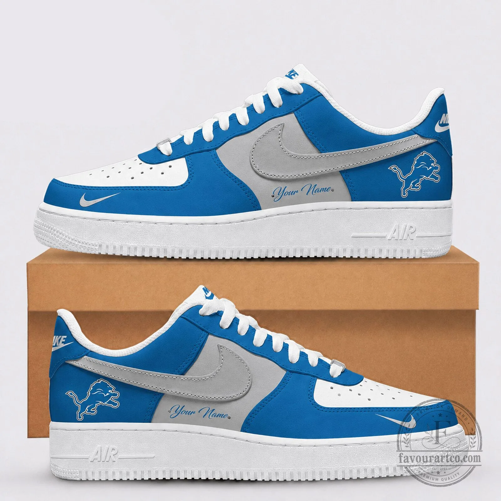 Detroit Lions Custom Name Blue and White Athletic Sneakers