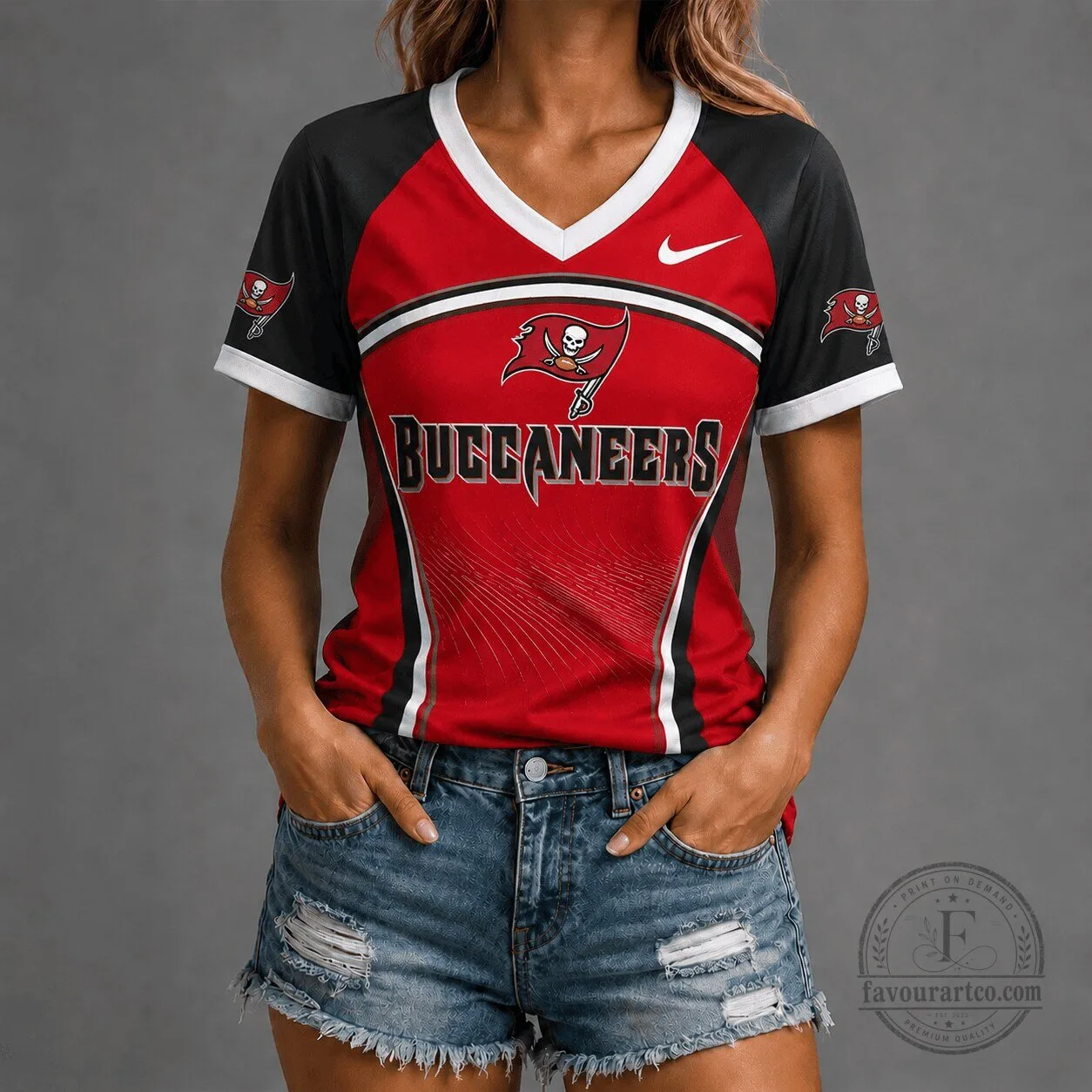 Tampa Bay Buccaneers Women's Red and Black Victory Wave V-Neck T-Shirt
