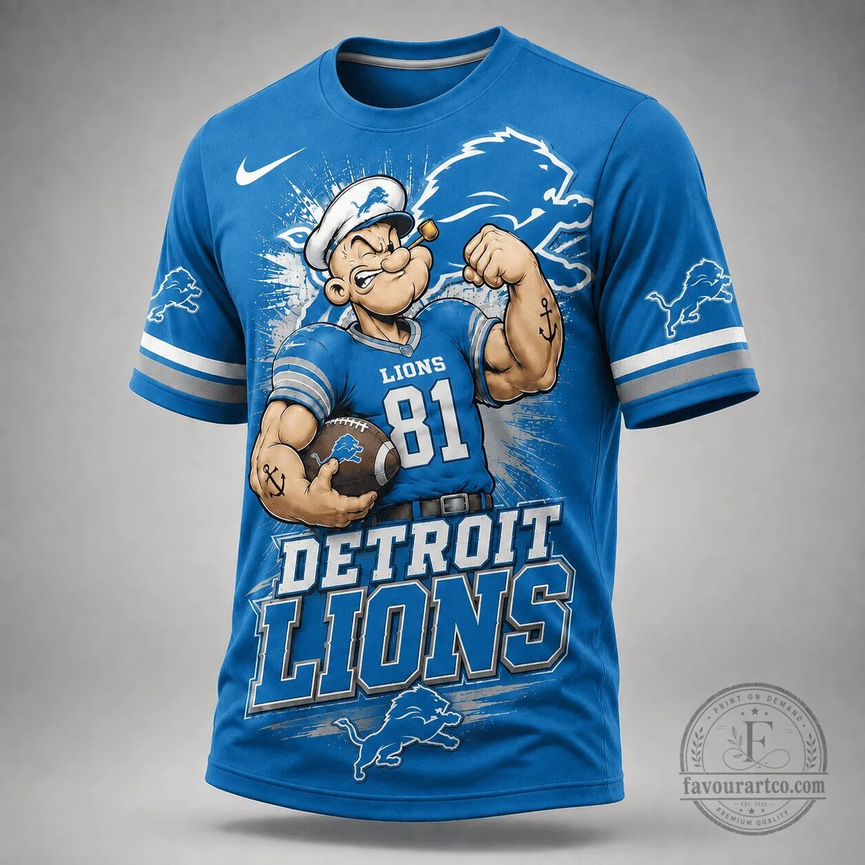 Detroit Lions Popeye The Sailor Man Football Cartoon Graphic T-Shirt