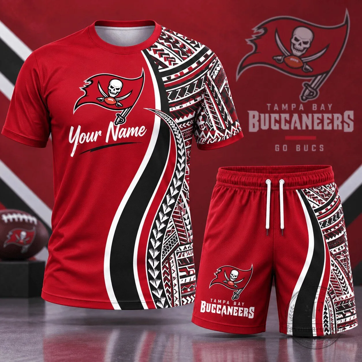 NFL Football Tampa Bay Buccaneers Tribal Graphic Custom Name T-Shirt and Shorts Set