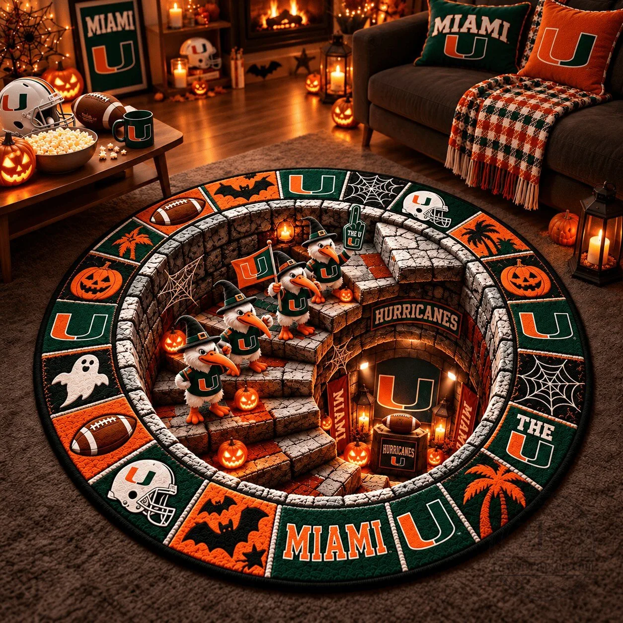 Miami Hurricanes Halloween Football Team Round Rug