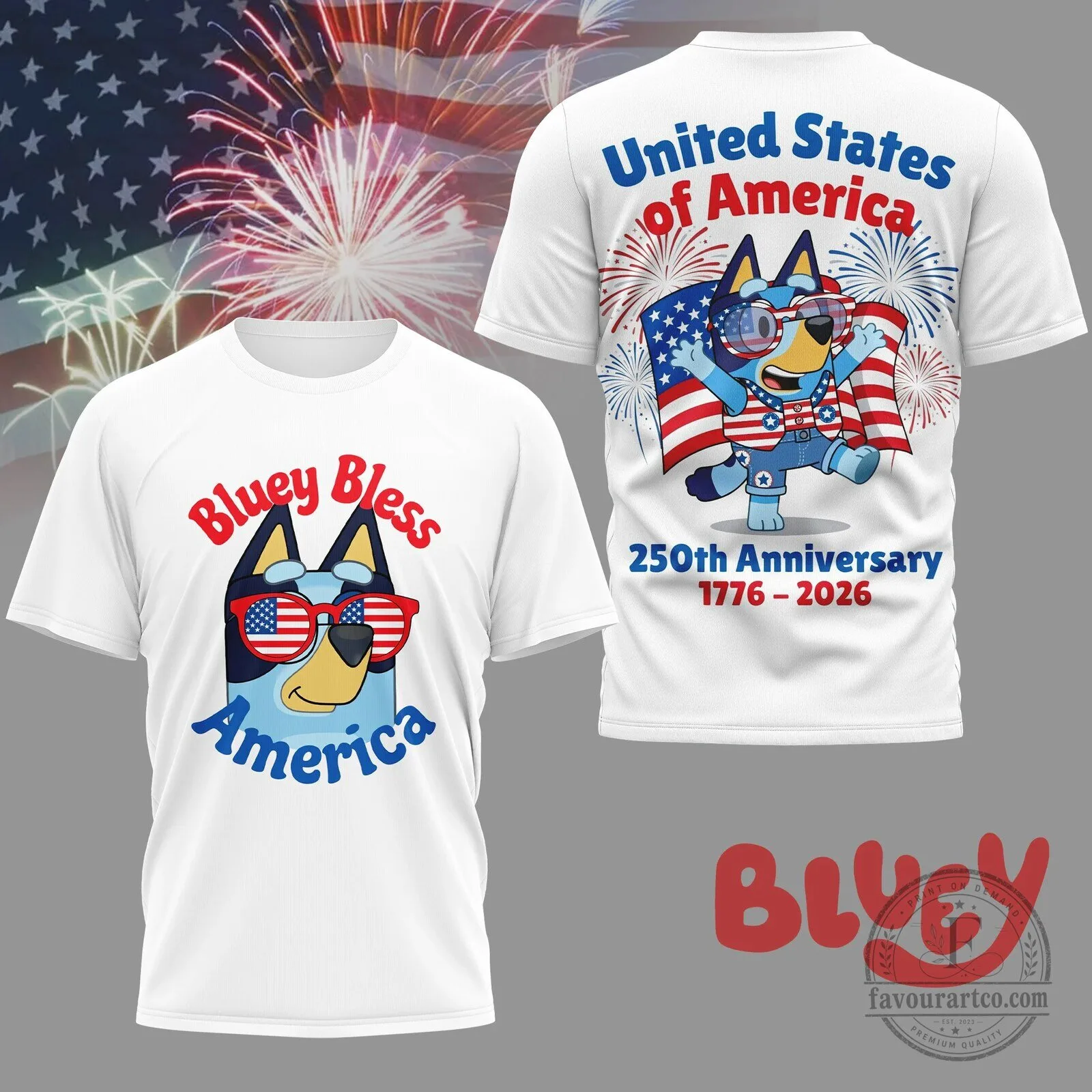 Fourth of July Bluey Bless America 250th Anniversary T-Shirt
