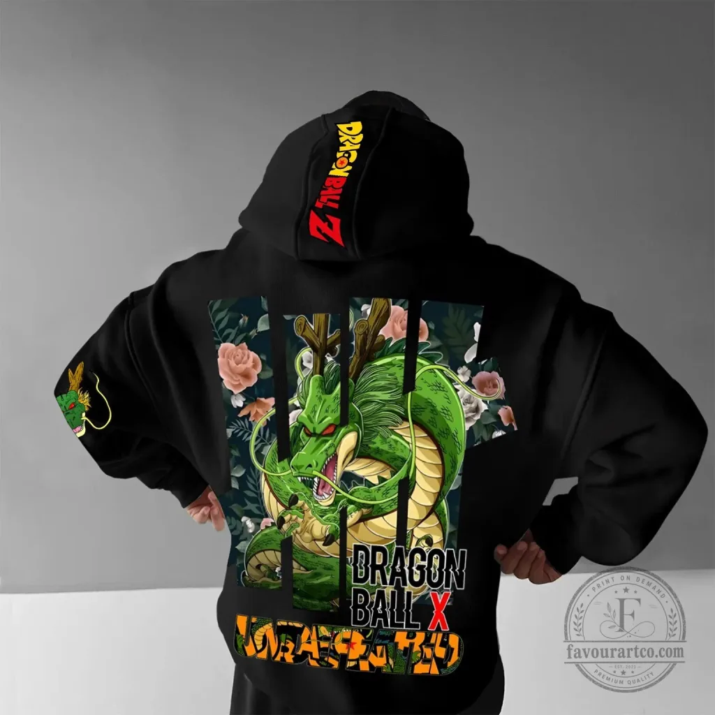 Dragon Ball Z Shenron Dragon Floral Print Black Oversized Hoodie Dragon Ball Z Shenron Dragon Floral Print Black Oversized Hoodie