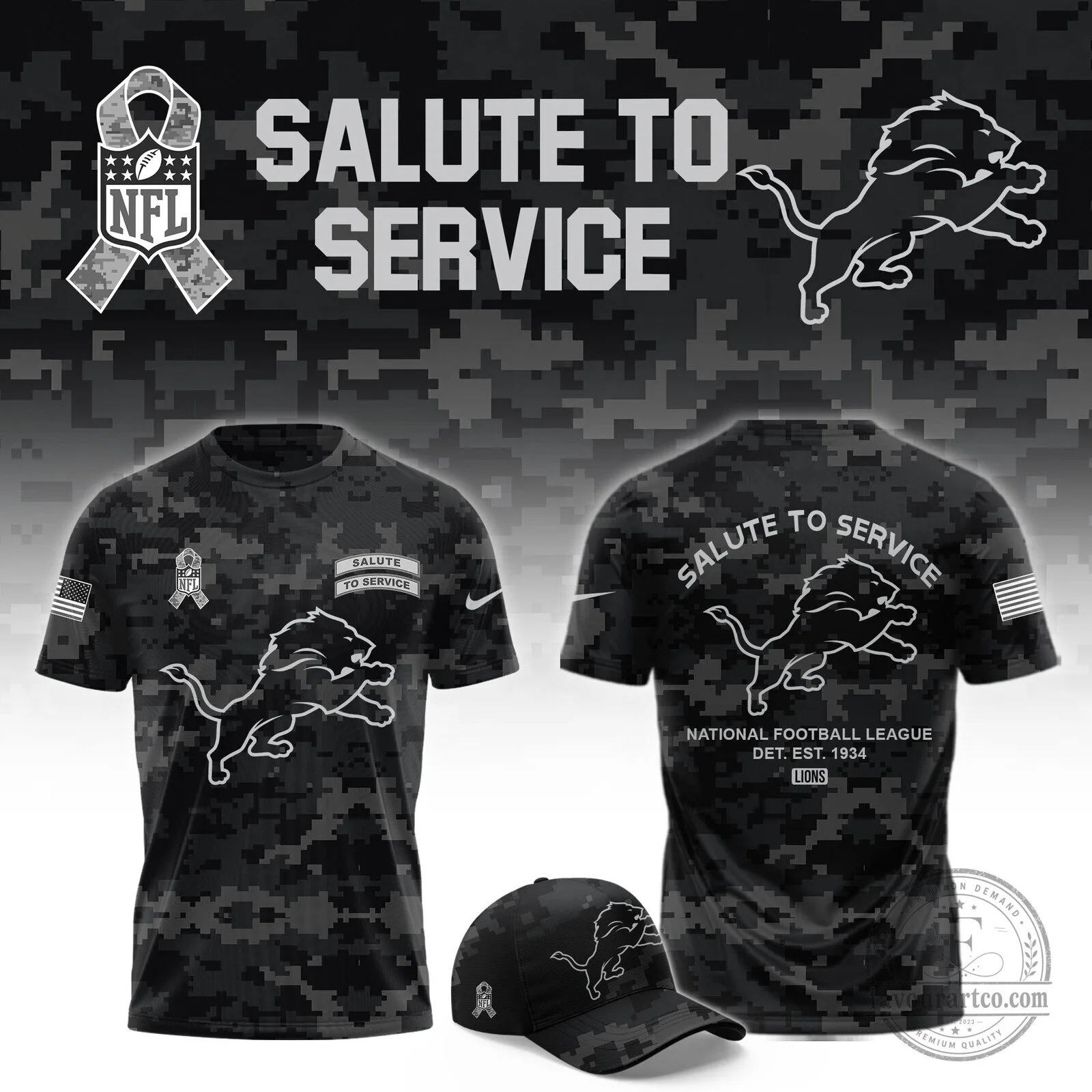 Detroit Lions Salute To Service NFL Black Camouflage Military Appreciation T-Shirt 2 Detroit Lions Salute To Service NFL Black Camouflage Military Appreciation T-Shirt