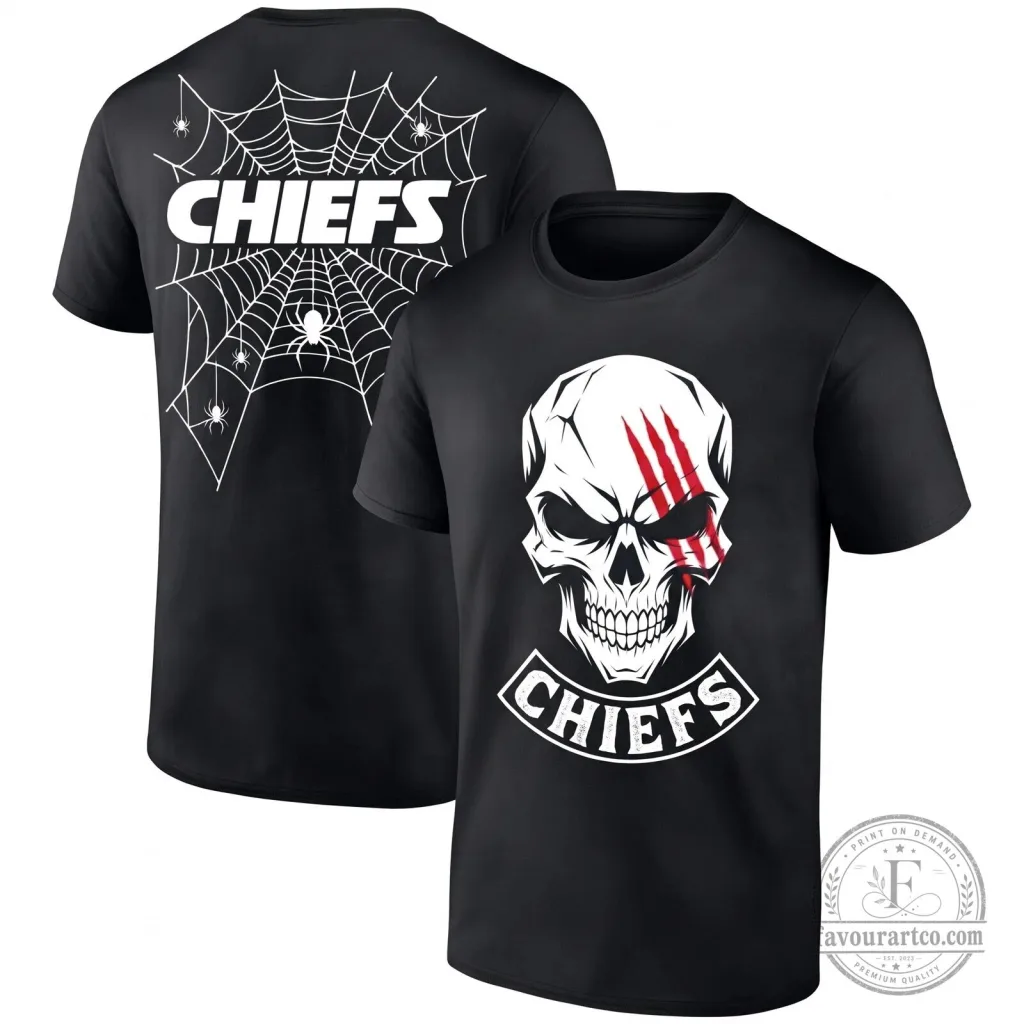 Kansas City Chiefs Halloween Skull Spiderweb Graphic Black T-Shirt Kansas City Chiefs Halloween Skull Spiderweb Graphic Black T-Shirt