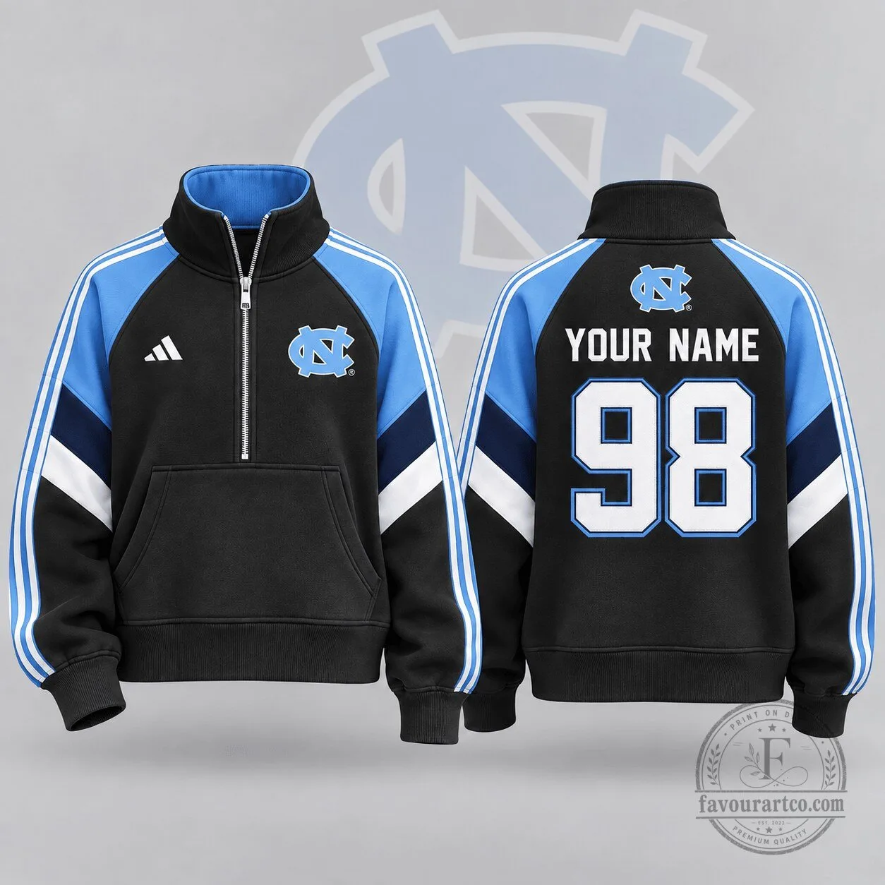 North Carolina Tar Heels Personalized Black and Blue Quarter Zip Pullover Sweatshirt 4 North Carolina Tar Heels Personalized Black and Blue Quarter Zip Pullover Sweatshirt