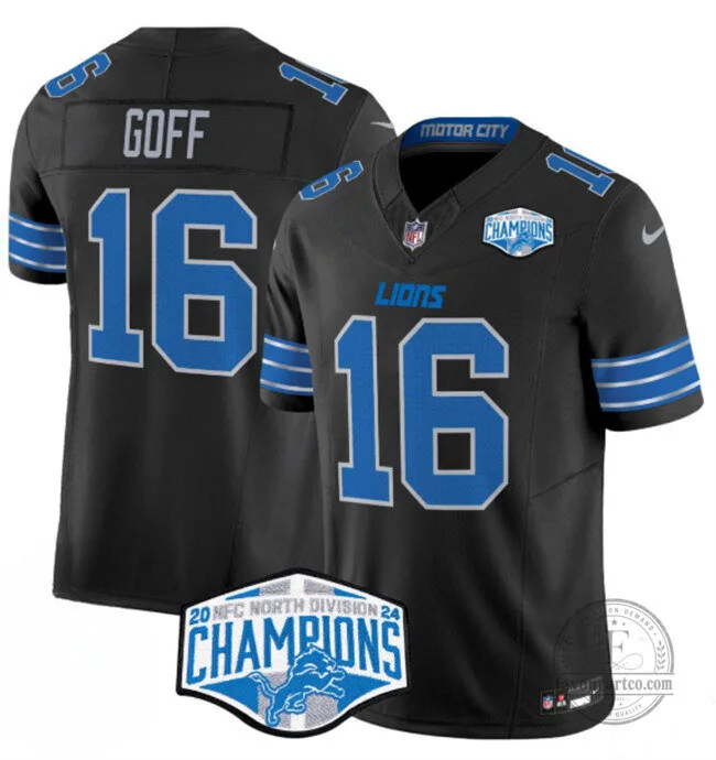 Jared Goff Detroit Lions Black 2024 NFC North Division Champions Football Jersey