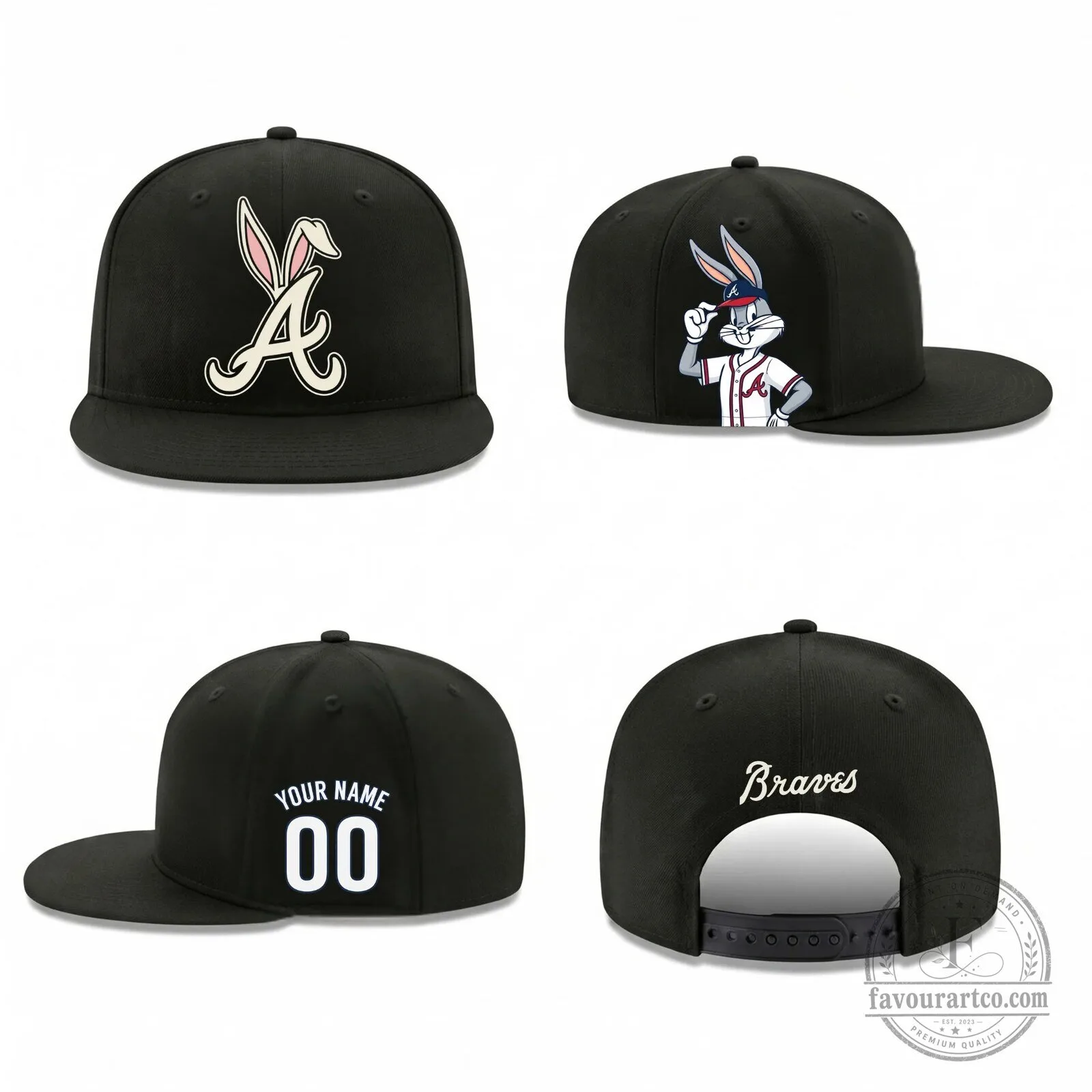 Atlanta Braves Bugs Bunny Personalized Black Baseball Cap Hat