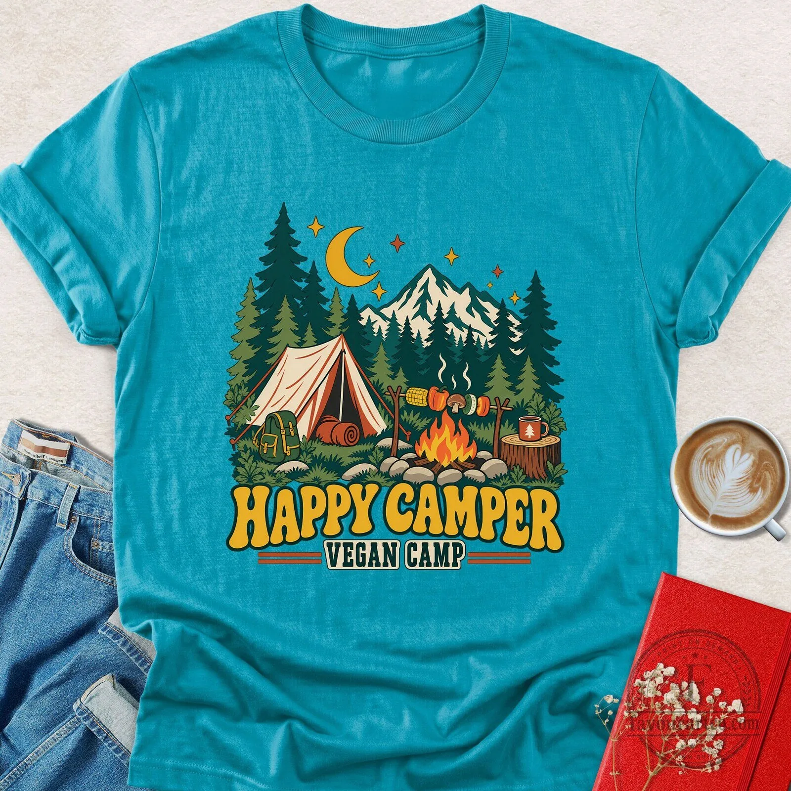 Happy Camper Vegan Camp Outdoor Adventure Camping Forest Mountain T-Shirt