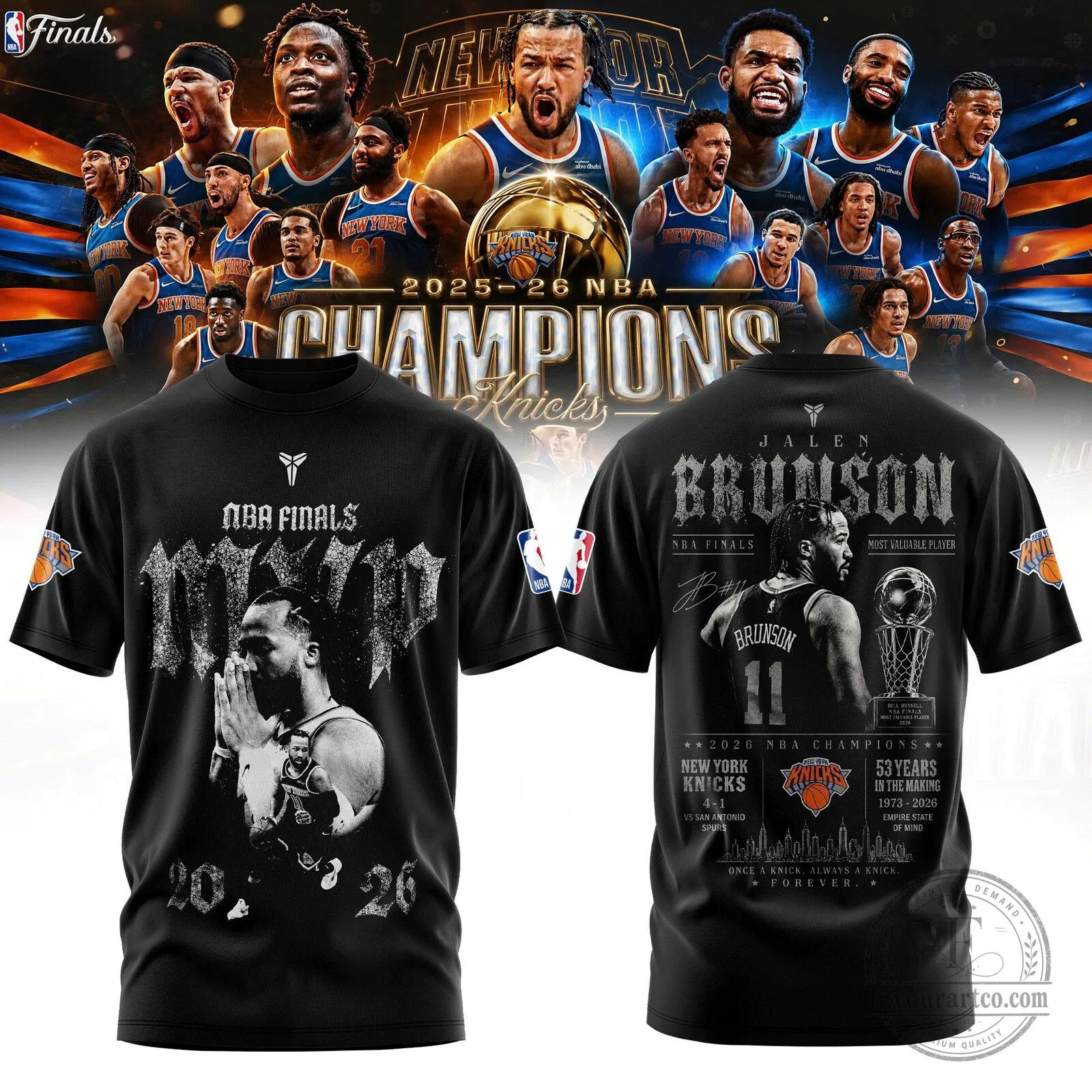 Black T-Shirt honoring Jalen Brunson as 2026 NBA Finals MVP for the New York Knicks