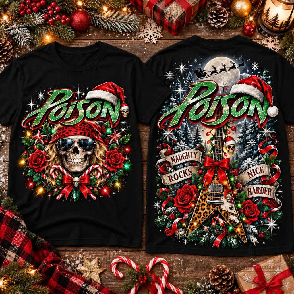 Poison Band Christmas Holiday Skull Santa Hat Rock and Roll T-Shirt Poison Band Christmas Holiday Skull Santa Hat Rock and Roll T-Shirt