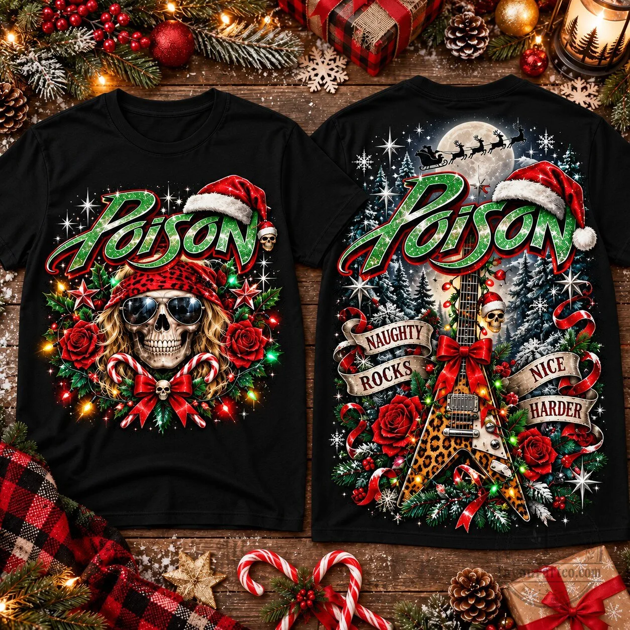 Poison Band Christmas Holiday Skull Santa Hat Rock and Roll T-Shirt