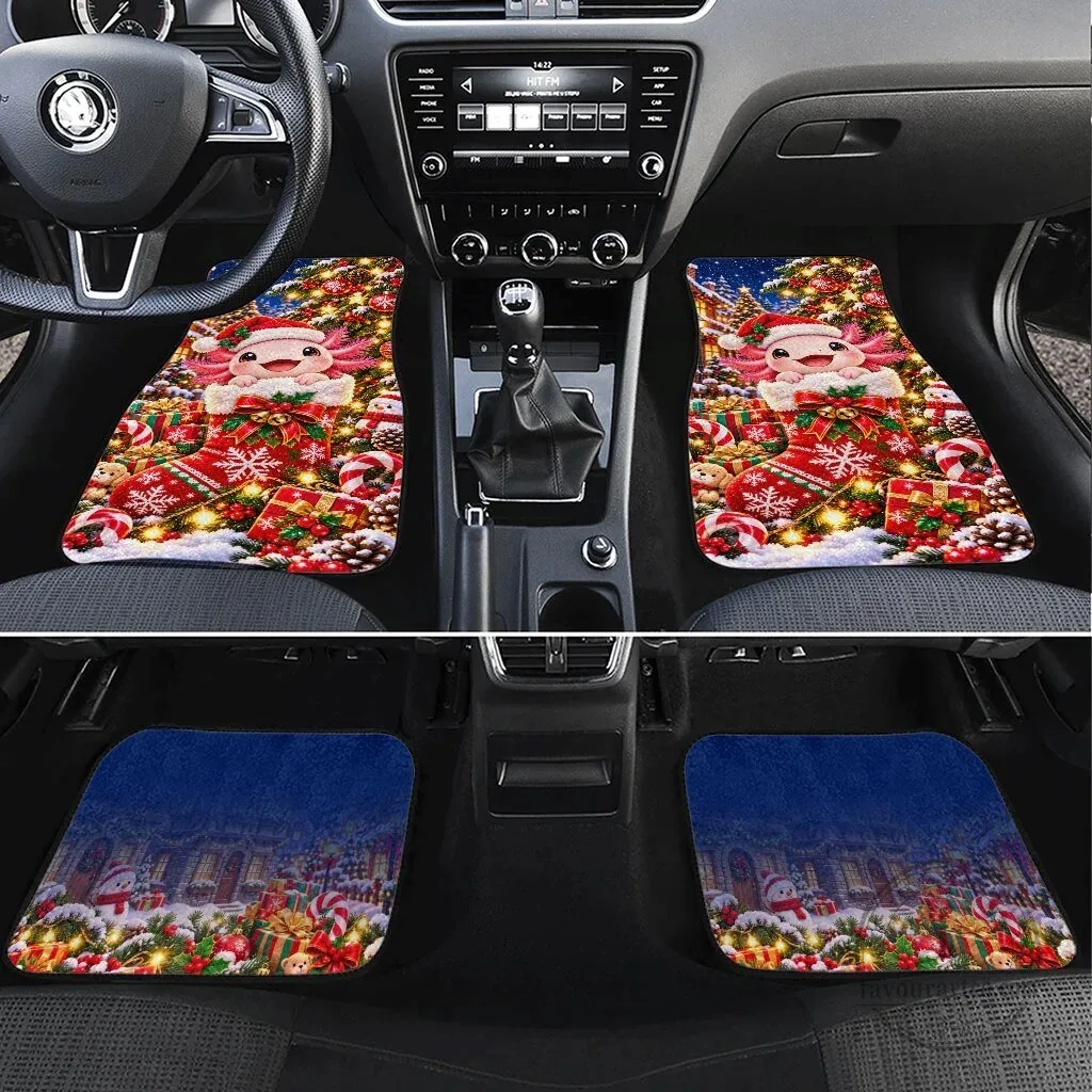 Axolotl Christmas Stocking Car Mat Set, Festive Winter Snowflakes Auto Floor Mats