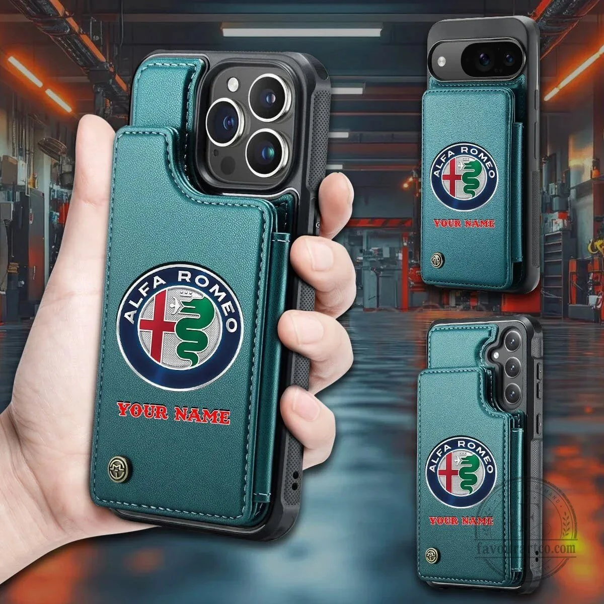 Alfa Romeo Custom Name Logo Teal Leather Wallet Phone Case