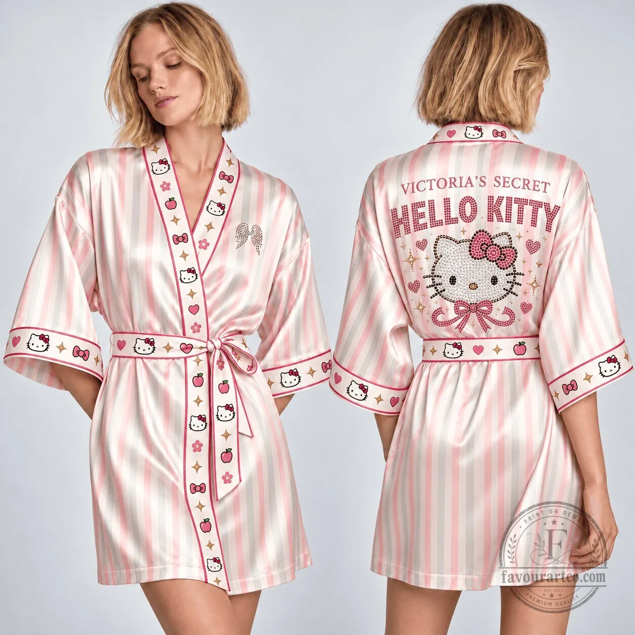 Victoria's Secret Hello Kitty Pink Striped Satin Robe with Rhinestone Embellishments 3 Victoria