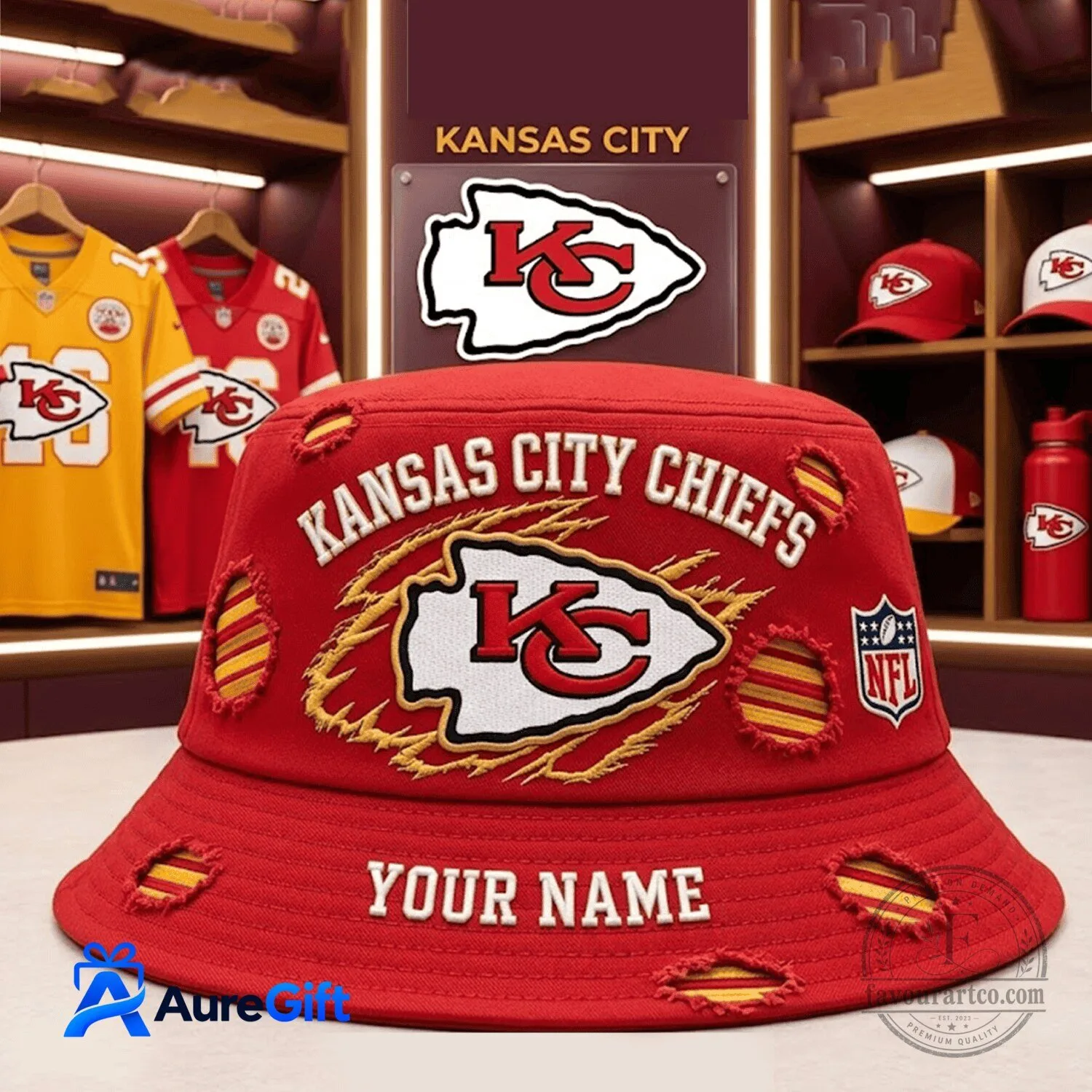 Kansas City Chiefs NFL Distressed Logo Personalized Bucket Hat 3 Kansas City Chiefs NFL Distressed Logo Personalized Bucket Hat