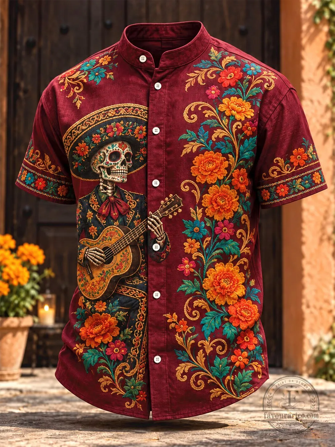 Day of the Dead Skeleton Guitar Player Floral Hawaiian Shirt