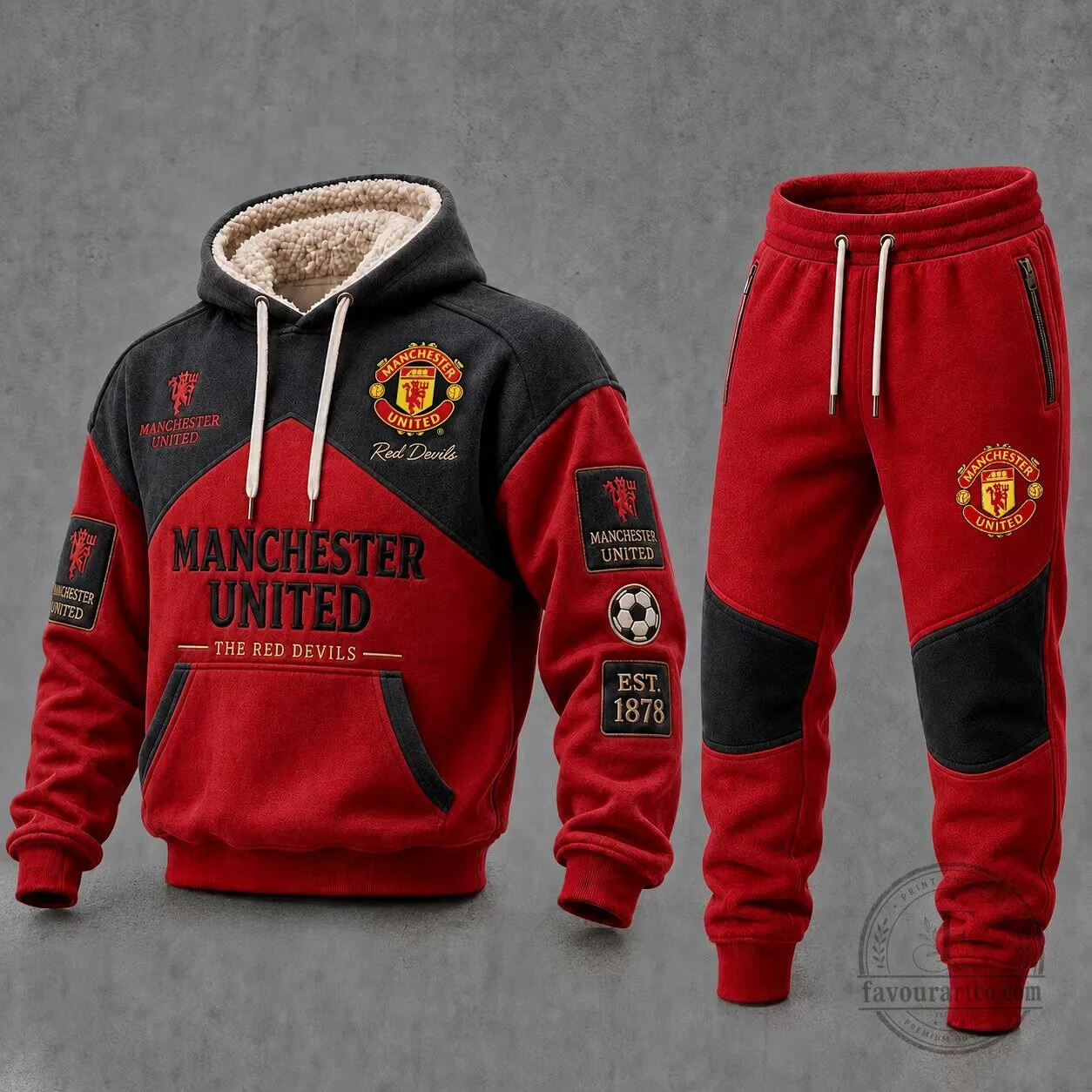 Manchester United Football Club Red Devils Fleece Lined Hoodie Tracksuit Set